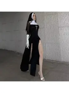 Sexy Anime Nun Cosplay Costume Women Fancy Dress Halloween Party Adult Gothic Robe Carnival Long Black Themed Events Uniform