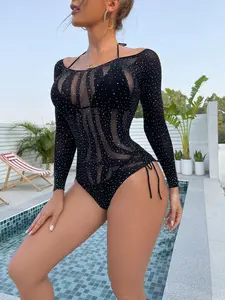 Sparkly See-Through Mesh Bodysuit with Rhinestone Embellishments Long Sleeve One-Piece for Women's Versatile Outfit Cami Lingerie