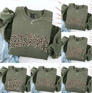 Custom Leopard Mama Sweatshirt, Personalized Mother's Day Gift, Black Crewneck for Mom Nana Gigi Mimi Granny Auntie, Retro Varsity Letter Pullover, Trendy Cheetah Print Gift for New Mom