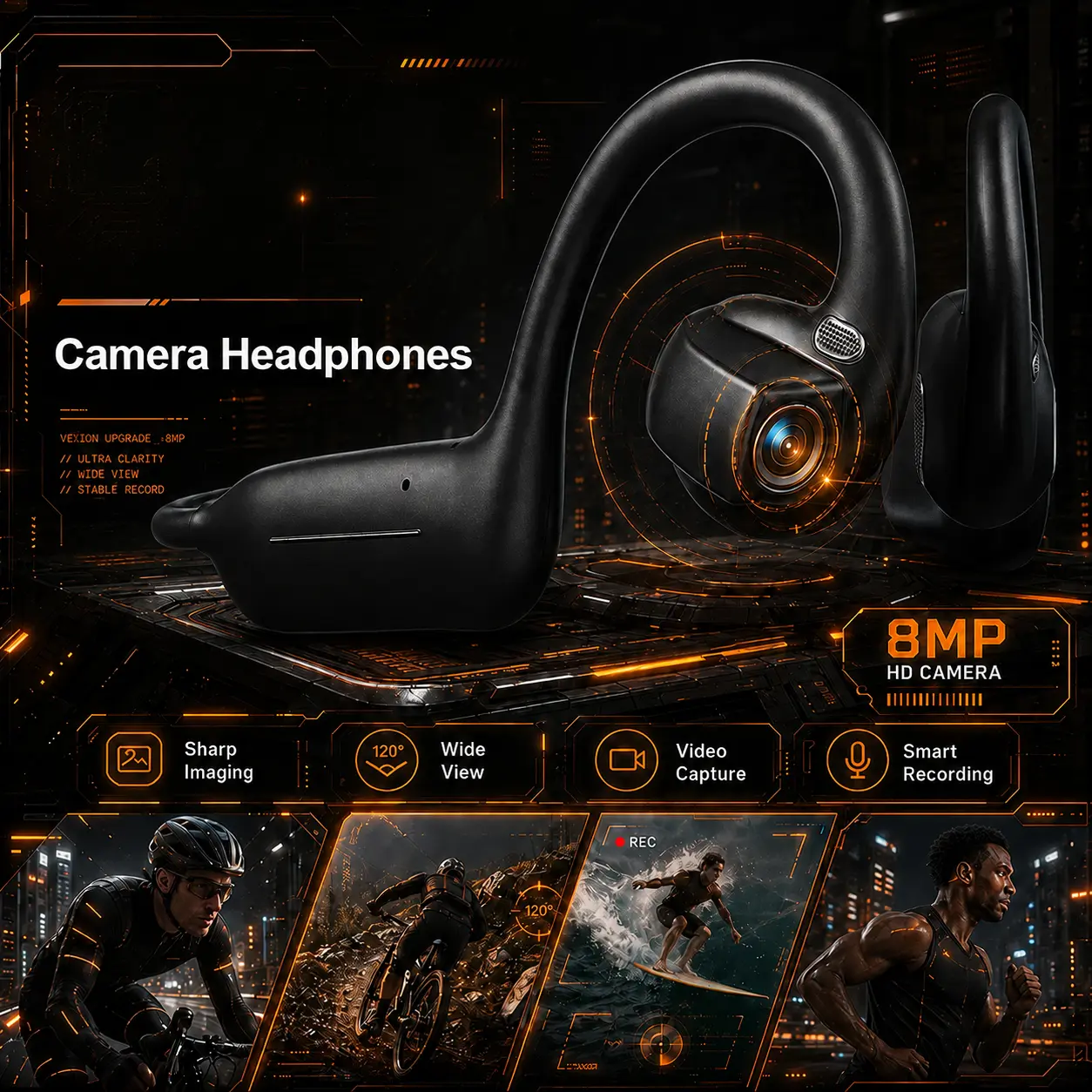 Smart Glasses Bluetooth Headset - 8MP EIS Stabilized Camera, First-Perspective Recording, Waterproof Audio Device