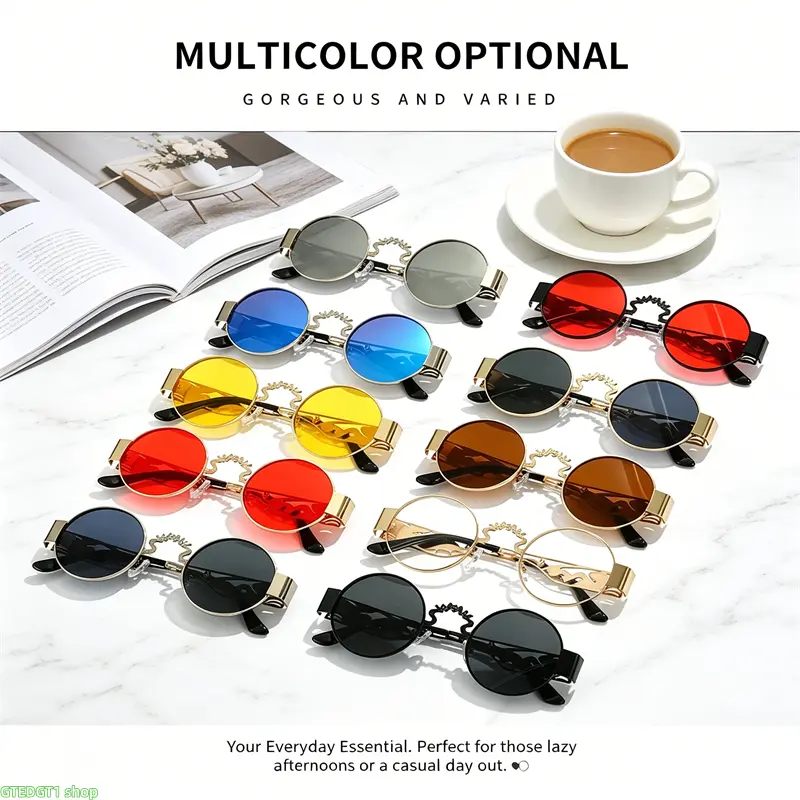 Vintage Round Sunglasses, Viral Y2K Hippie Glasses With Hollow Cutout Metal Temples, Multi Tinted Lens Unisex Eyewear For Street Shots, Music Festivals, Picnics, Road Trips And Summer Beach Looks