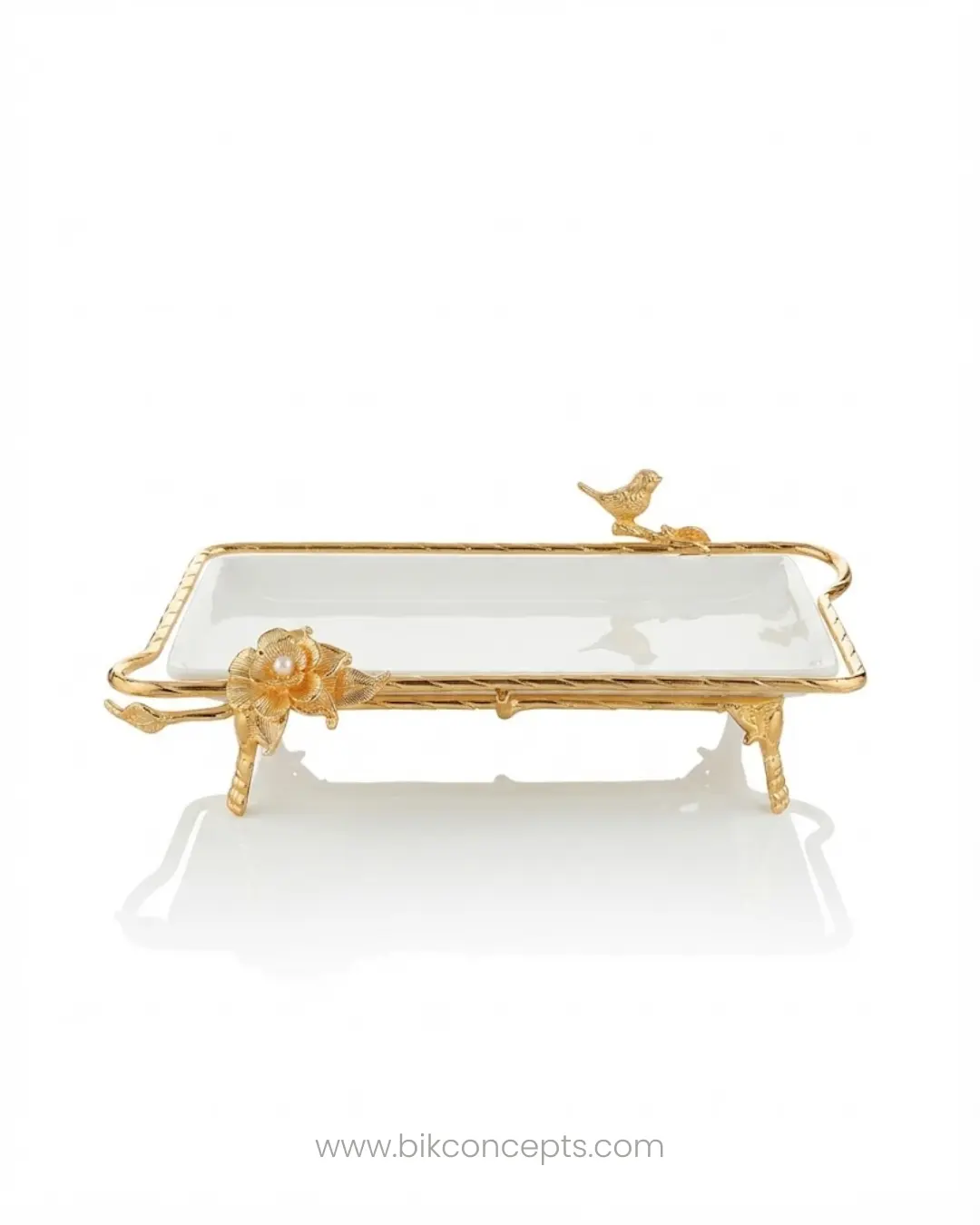 Sturdy Metal-Accented Gold & White Porcelain Rectangular Serving Tray - Floral & Bird Design, Flowers Decor, Elegant Kitchen Tabletop Platter for Tea, Coffee