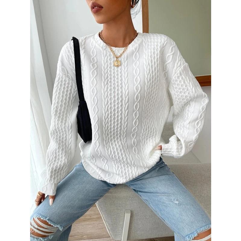 SCACTO Women's Cable Knit Oversized Sweater - White Textured Pullover with Ribbed Details, Casual Boho Chic Top Crewneck Fabric