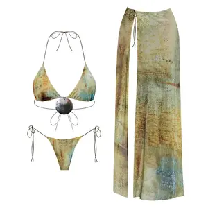 3Pc Shell Bikini Sexy Women Swimsuit With Long Skirt Mirco Swimwear High Cut Biquini Female Bathingsuit Print Bodysuit Beachwear
