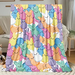 1pc Easter Rabbit Marshmallow Flannel Blanket | Bohemian Style High-Definition Printed Pastel Bunny Design, Soft Warm Lightweight All Season Throw for Sofa Bedroom Camping Yoga Travel, Cozy Home Decor Gift, Polyester, Machine Washable