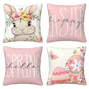 Happy Easter Theme Pillow Cover Hello Spring Pink Decorative Pillow Cover Easter Rabbit Outdoor Cushion Cover Farmhouse Sofa Pink 4-piece Set Double sided Printed