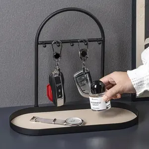 Key Holder & Organizer, Oval Entryway Tray with Multiple Hooks for Keys, Watches, Jewelry, Durable Multi-purpose Home Decor for Bathroom, Desk, Countertop, Shelves