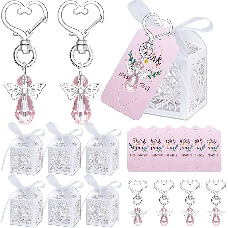 Heart-Shaped Keyring Guardian Angel Fashionable Alloy Keychain Set, Cute Keychains, Includes 12 Small Gift Boxes & Thank You Cards, Perfect for Gifting, Weddings, Birthdays, Anniversaries, Keychain Charm