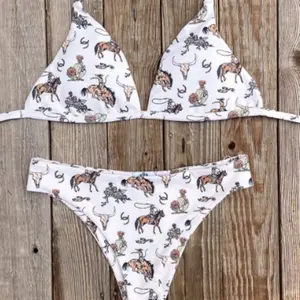 Western Themed Bikini Set White Triangle Top & High Cut Bottoms with Horse Bull Prints for Beachwear