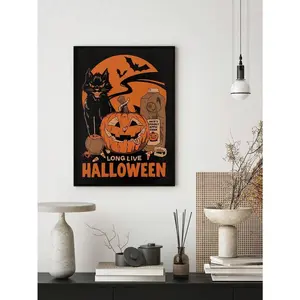 1 Piece Whimsical Black Cat Art Pictures Pumpkin Farm Wall Art Spooky Halloween Canvas Poster Dorm Room Living Room Bedroom Wall Decoration Perfect Gift No Frame