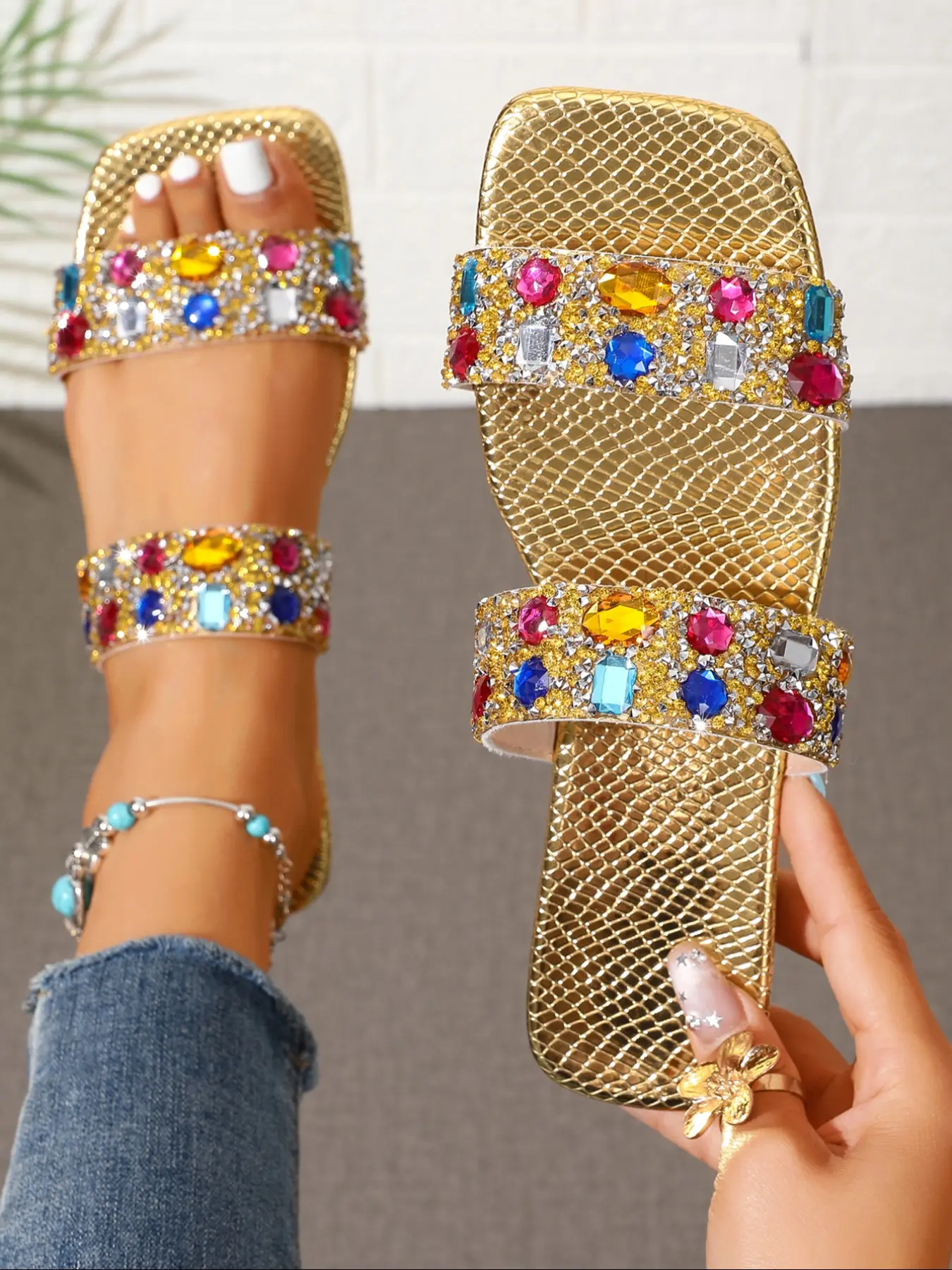 Luxury Snake Pattern Women Glitter Strappy Sandals, Full Rhinestone Embellishment, Glossy Finish, Flat Soft Sole, Anti-Slip, Perfect for Evening Outing
