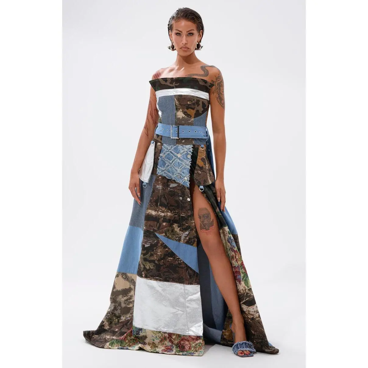 STRAPLESS TRENCH MAXI DRESS WITH PATCHWORK DETAIL