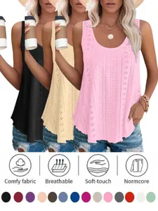 2026 Womens Tank Tops Sleeveless Eyelet Embroidery Scoop Neck Loose Fit Casual Fall Flowy