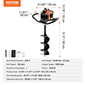 VEVOR Post Hole Digger Gas Powered, 52CC 1450W Earth Auger, Gas Auger with 8 Auger Drill Action Design Bits 1 Extension Rod, Post Fence Hole Digger for Farmland Garden Plant, Orange+Black