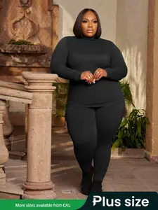 【Plus Size】 Two-Piece Set Solid Long Sleeve Tee & Skinny Pants, Casual Turtleneck Top & Trousers for Daily Outdoor Wear, Women's Two-piece Outfits for Fall & Winter