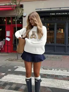 New Women's Fall Winter Sweater, Long Sleeve Round Neck Casual Bear Animal Print Knit Top, Ladies Fashion Pullover Knitwear