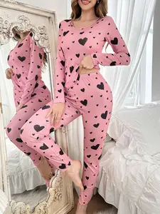 Women's Spring Fall Two-Piece Heart Print Long Sleeve Pajama Set, Fitted Casual Sleepwear, Comfortable Nightwear for Ladies, Pajamas Loungewear
