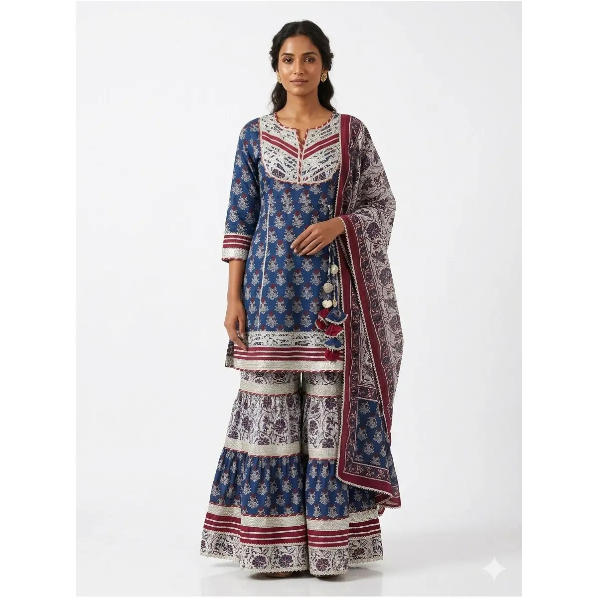 #3PS-25 Elegant Royal Blue Floral 3-Piece Kurta Gharara Suit with Dupatta