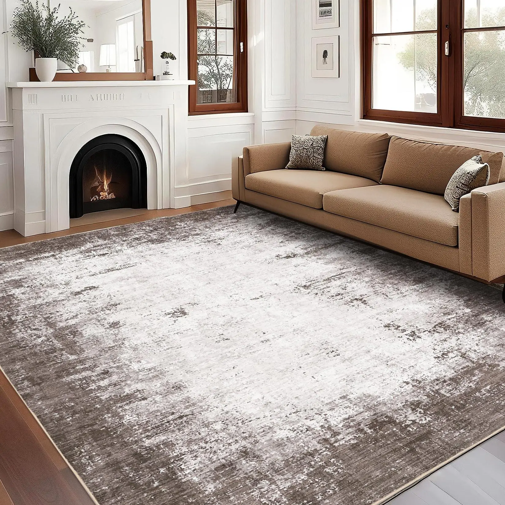 GARVEE Washable Rectangular Rug 5x7, Modern Non-Slip Soft Non-Shedding Floor Mat with Thin Base, Low Pile Foldable Floor Covering for Living Room, Bedroom, Brown