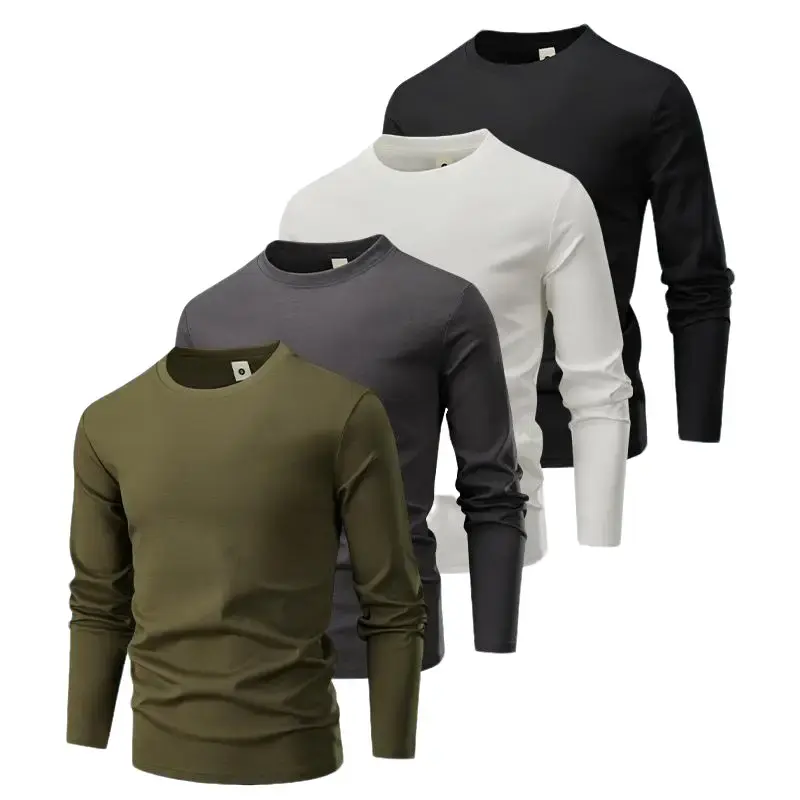 Men's long-sleeve crew-neck T-shirt 4-pack; soft, comfortable cotton tops suitable for outdoor sports, streetwear, and casual daily wear—an ideal choice for spring and autumn.