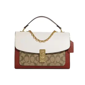 COACH Lane 26 Chain-Embellished Monogram Leather Handbag for Women – Medium Size, Crossbody and Shoulder Bag in Light Khaki and White
