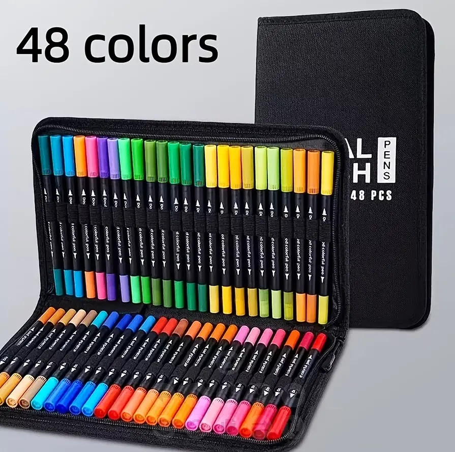 Noluck 48-Color Dual-Tip Washable Watercolor Pen Set with CD Bag - Soft-Tip Markers, Fineliners, Art Materials, Art Painting Supplies, Writing Tools, Office Stationery for Drawing, Anime, Birthday Gifts