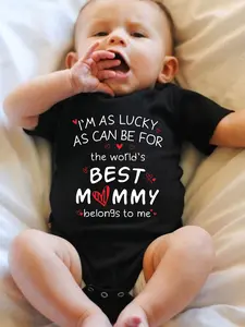 Unisex Cotton Letter Print Bodysuit - Short-Sleeve, Breathable Newborn Romper with "I'm As Lucky As Can Be For The World's Best Mommy Belongs To Me" Heartfelt Print