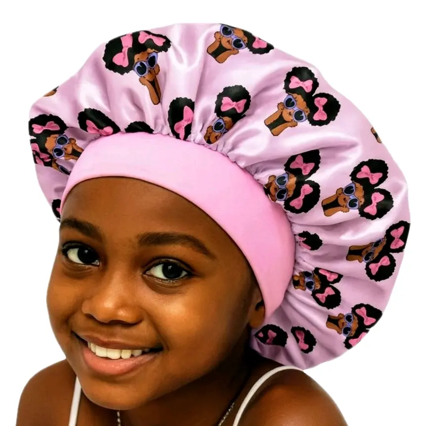 Satin Sleep Bonnet for Curly, Braided, and Natural Hair - Pink Afro Princess Design