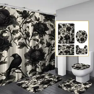 Gothic Crow & Floral Shower Curtain Set, Home Goods, & Botanical Print Polyester, Wall-Mounted Design, Machine-Washable, Hook Included, J Hooks, Bathroom Decoration Accessories