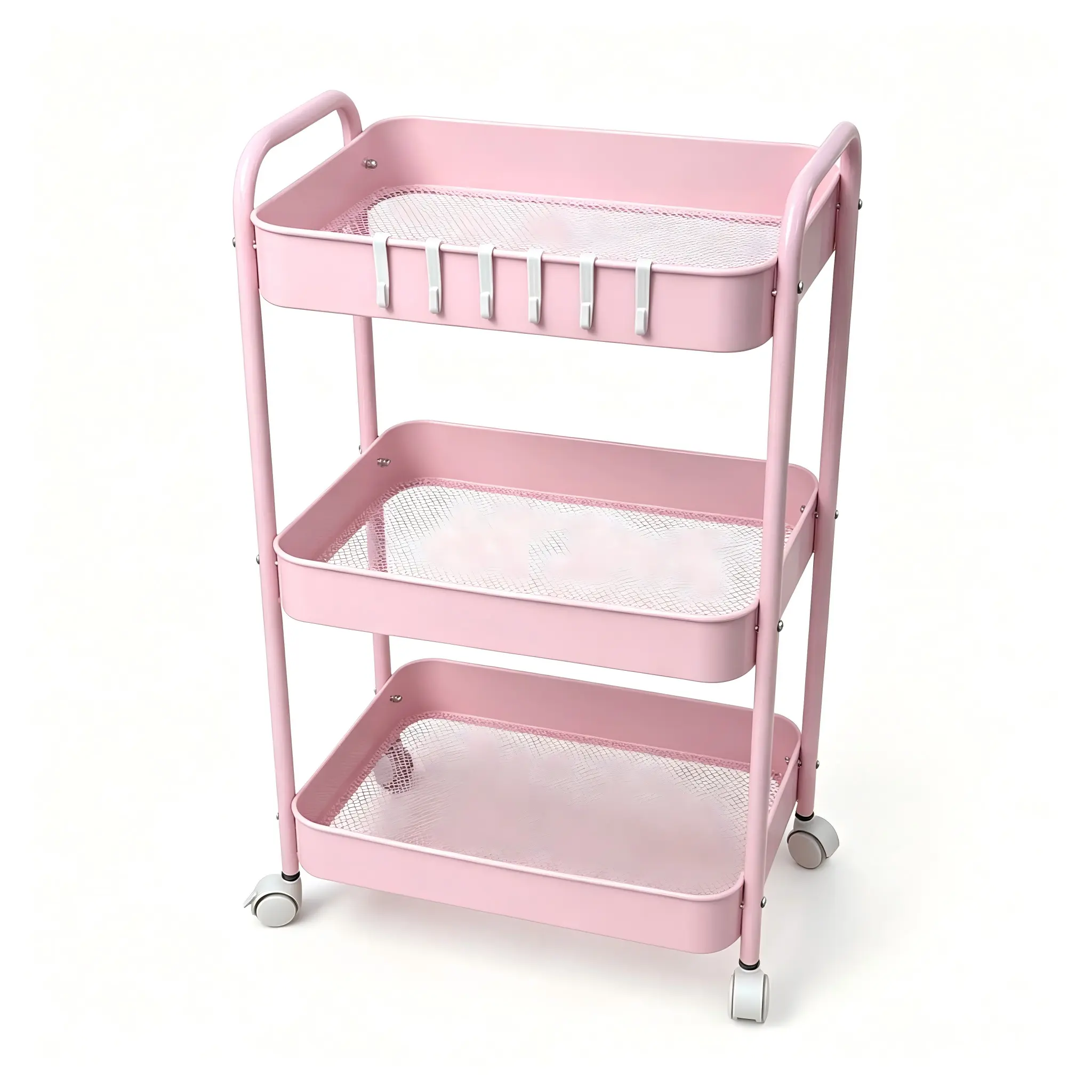 3-Tier Rolling Metal Storage Cart with Lockable Wheels & Side Hooks, Slim Narrow Mesh Organizer Trolley, Pastel Pink Multi-Shelf Mobile Utility Cart for Bathroom Kitchen Office Dorm Corner Storage multi-layer space-saving rack ruedas con beauty caster