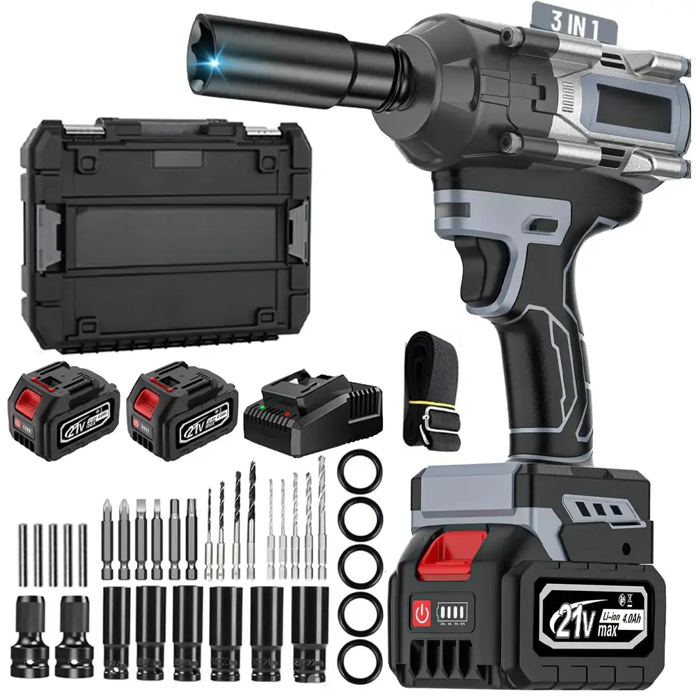1000N.m Cordless Impact Wrench, All‑Metal Cordless Impact Gun with 2 * 4.0Ah Batteries, 3‑IN‑1 Electric Impact Wrench Equipped with 5 Sleeves