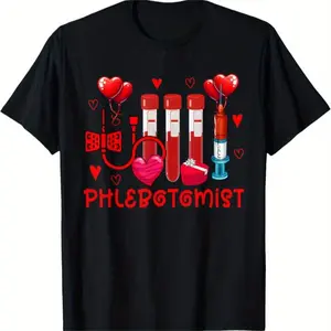 Unisex Valentine-Themed Phlebotomist Graphic Cotton Short-Sleeve Crew Neck T-Shirt, Cotton Material, Unisex Fit, with Heart Balloons and Test Tubes Design (Sports & Outdoor Top)