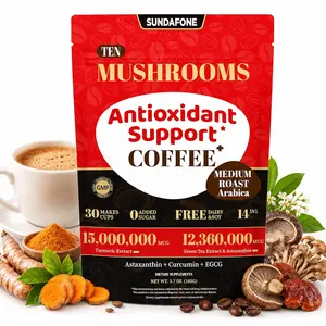SUNDAFONE Organic Instant Mushroom Coffee for Youthful, Hydrated Skin & Antioxidant Support - 10 Mushrooms, Turmeric, Green Tea Extract, Astaxanthin, Black Pepper