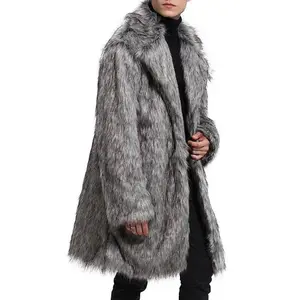 2025 Autumn Winter Fur Coat Men's Mid-Length Faux Fur Warm Fur Coat Beige Gray Bottom Black Tip Menswear Long Sleeve Plain Jackets