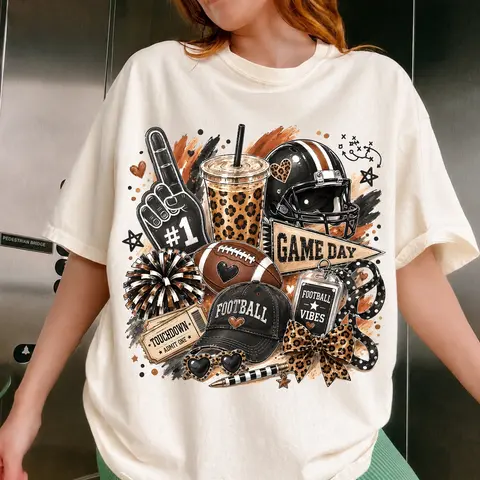Comfort Colors Brushstroke Game Day Football Shirt, Leopard Football Doodles Tee, Football Mom T-Shirt, Touchdown Season Game Day Vibes Top