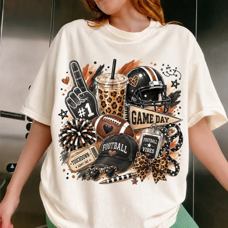 Comfort Colors Brushstroke Game Day Football Shirt, Leopard Football Doodles Tee, Football Mom T-Shirt, Touchdown Season Game Day Vibes Top