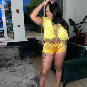 Sexy Feathered Two Piece Shorts Set Clubwear - Yellow Velvet Shorts & Yellow Feather Top for Club Wear
