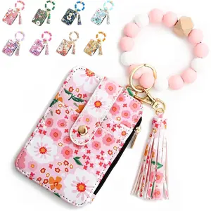 Women's Wristlet Keychain Wallet with 4 Card Slots & Floral Pattern Practical Credit Card Holder Purse Boho Beaded & Tassel Key Ring