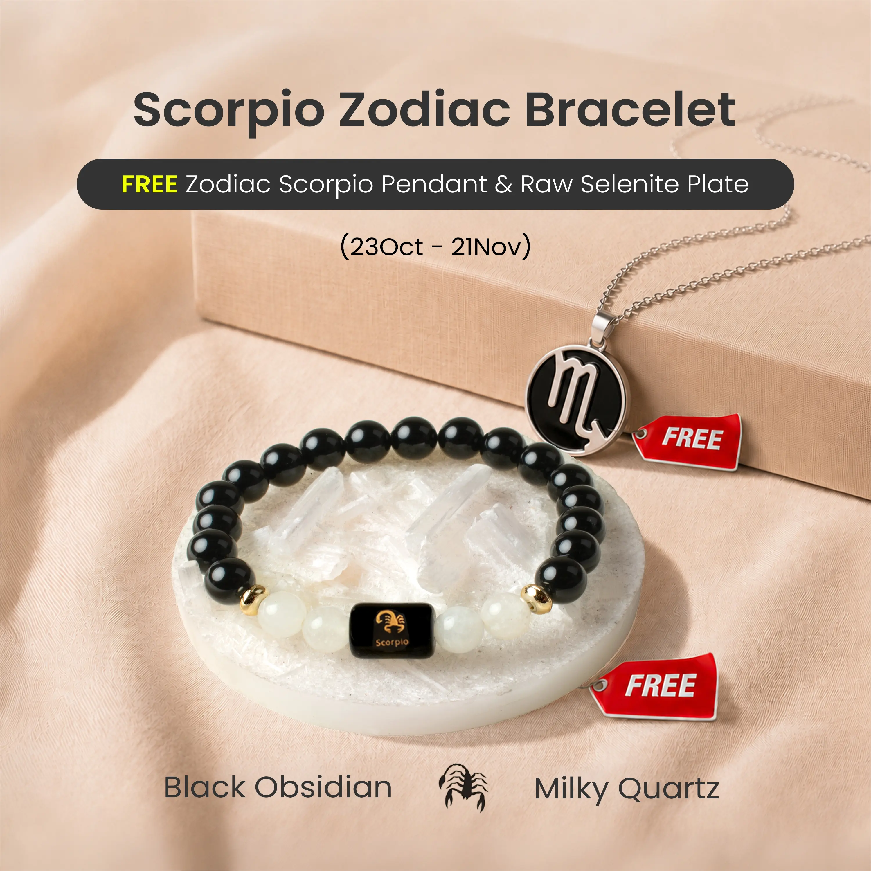 Astrotalk Black Obsidian & Milky Quartz Scorpio Zodiac Bracelet for protect energy & calm an overwhelmed mind | FREE Scorpio Pendant & Raw Selenite Plate for Crystal Charging | Daily Wear Jewellery | Certified Authentic | Perfect Gift for Scorpios