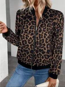 Vintage Street Style Leopard Print Baseball Collar Jacket, Slim Fit Short Fashion Outerwear for Early Fall, Trendy Versatile Leopard Pattern Top