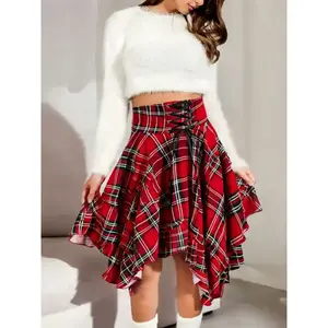 Plus Size Plaid A-Line Skirt, High Waist Slimming Design, Striped Layered Hem, Casual Party Wear, Fashionable Women's Clothing
