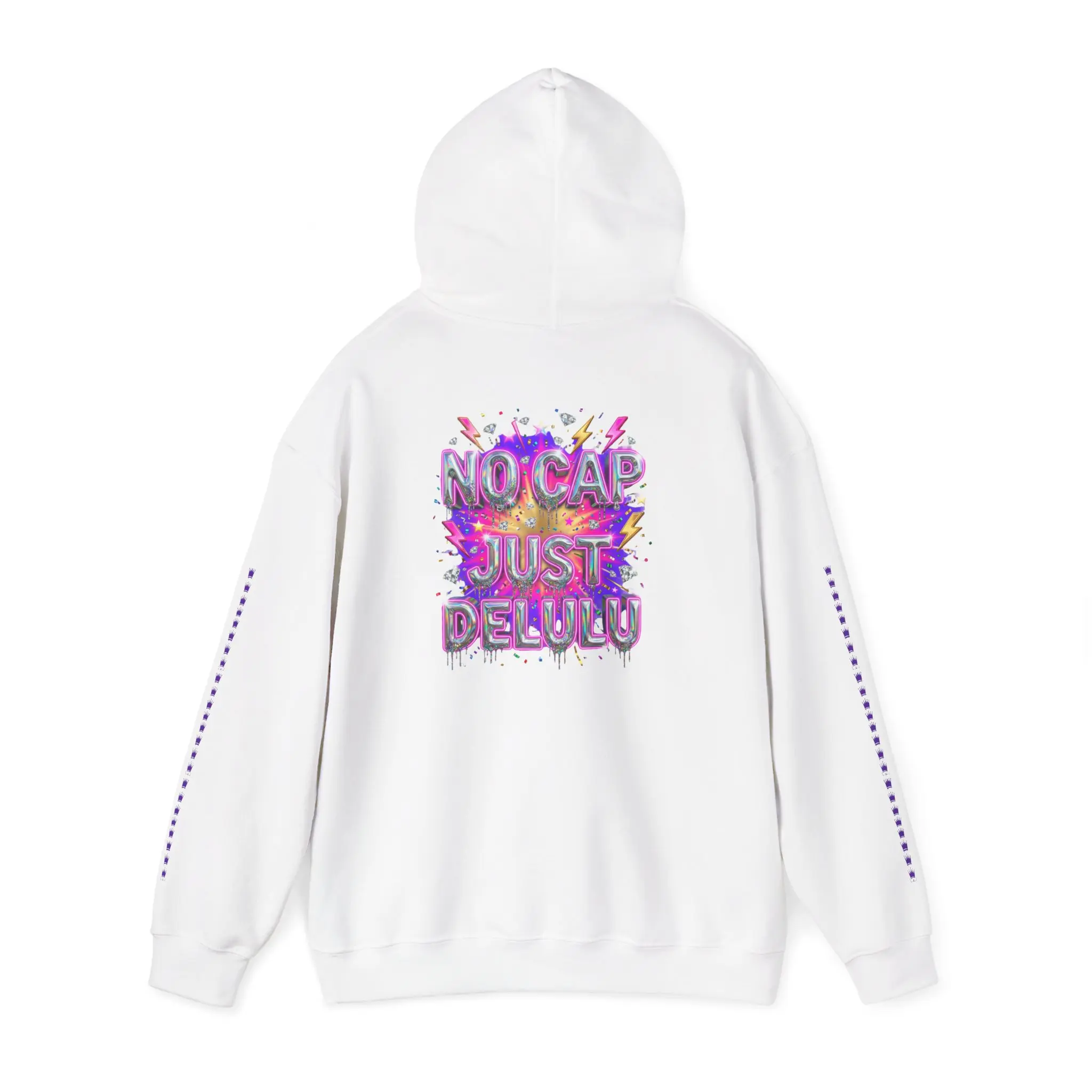 Soft Seamless Galaxy Print Hoodie for Men, Purple Knit Pullover with "No Cap Just Delulu" Embroidery - Easy to Layer