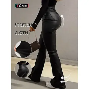 Y2K high waisted PU flared pants, casual daily comfortable ordinary button pocket pants, four season women's underwear, autumn and winter clothing elastic PU leather flared pants coated flared pants, Kardashian styleRAIMENTRY