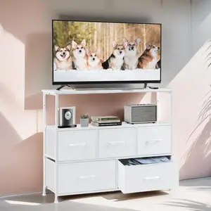 5 Fabric Drawer Dresser TV Stand for Bedroom, Entertainment Center for 45 Inch TV with Storage Drawer Unit, Open Shelf, Adjustable Feet, Living Room, White TV Stand Dresser for Bedroom with 5 Fabric Drawer,Entertainment Center for 45 inch Television, Medi