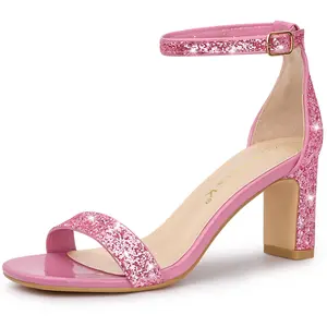 BLISSFUL STEP Women's Glitter Ankle Strap Block Heels Sandals