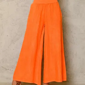 Orange Linen Pant Palazzo - Women's Wide Leg Pants and high waisted in Soft Linen Fabric for Comfortable Everyday and casual Wear.