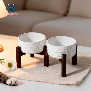 PawLuxuria Ceramic Pet Bowl Set Elevated Dog Bowl & Cat Bowl with Wood Stand Easy to Clean Non-slip Design for Comfort and Hygiene