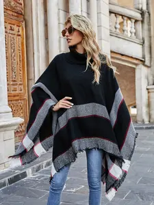 Oversized Women's Plaid Batwing Cape Shawl Collar Sweater Jacket - 100% Acrylic Soft & Stretchy Material, Perfect for Layering in Autumn Winter