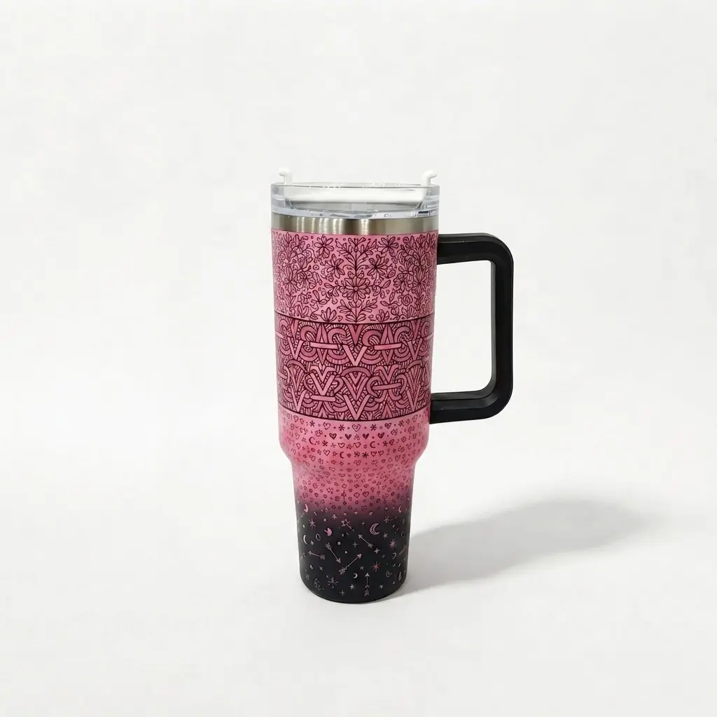 Max Ice Retention - 40oz Heavy Duty Insulated Tumbler with Sturdy Handle & Unique Gradient Pink-to-Black Design Adorned with Floral, Celtic Knot & Celestial Moon-Star Patterns - Leakproof Travel Cup for Gym, Sports, Camping & Daily Commute - Practica