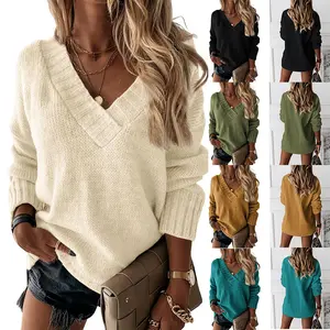 【US Shipping】Womens Loose Sweaters Sexy V Neck Long Sleeve Solid Knitted Jumper Pullover Sweatshirt Tops